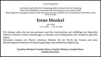 Traueranzeige von Irene Menkel von Waldeckische Landeszeitung