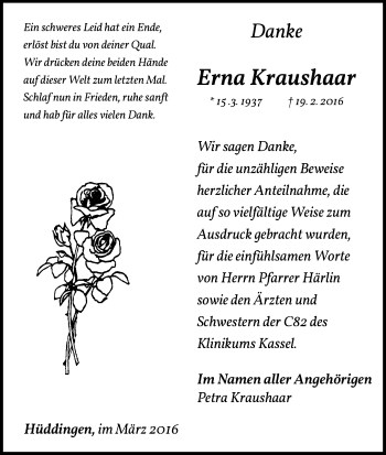 Traueranzeige von Erna Kraushaar von Waldeckische Landeszeitung