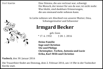 Traueranzeige von Irmgard Becker von Waldeckische Landeszeitung