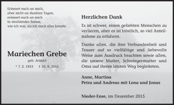 Traueranzeige von Mariechen Grebe von Waldeckische Landeszeitung