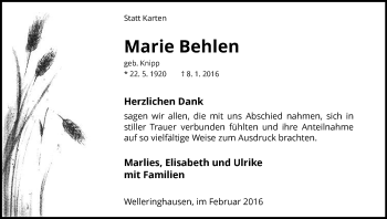 Traueranzeige von Marie Behlen von Waldeckische Landeszeitung