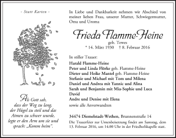 Traueranzeige von Frieda Flamme-Heine von Waldeckische Landeszeitung