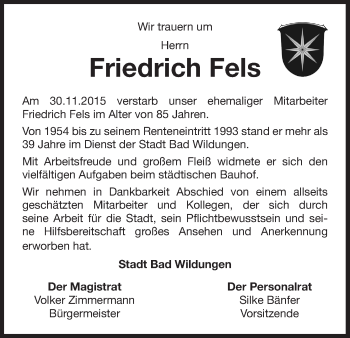 Traueranzeige von Friedrich Fels von Waldeckische Landeszeitung