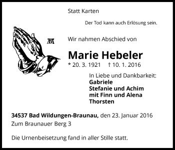 Traueranzeige von Marie Hebeler von Waldeckische Landeszeitung