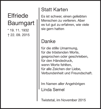 Traueranzeige von Elfriede Baumgart von Waldeckische Landeszeitung