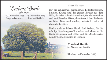 Traueranzeige von Barbara Burth von Waldeckische Landeszeitung