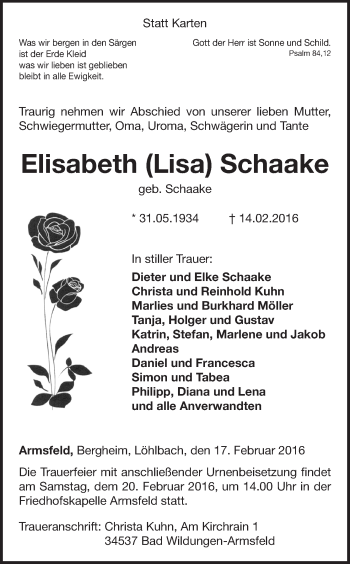 Traueranzeige von Elisabeth  Schaake von Waldeckische Landeszeitung