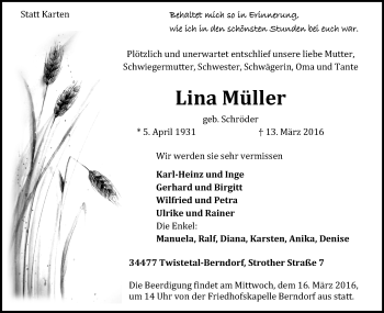 Traueranzeige von Lina Müller von Waldeckische Landeszeitung