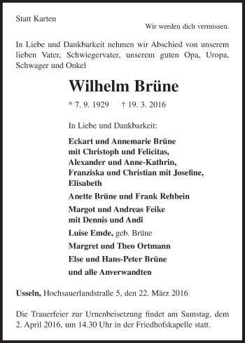 Traueranzeige von Wilhelm Brüne von Waldeckische Landeszeitung