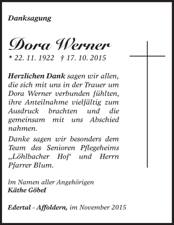 Traueranzeige von Dora Werner von Waldeckische Landeszeitung