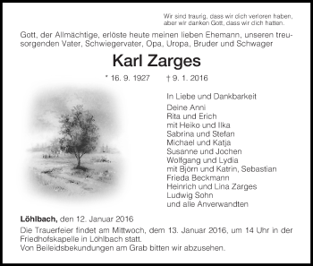 Traueranzeige von Karl Zarges von Waldeckische Landeszeitung