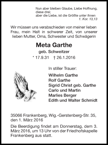 Traueranzeige von Meta Garthe von Waldeckische Landeszeitung