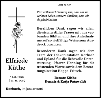 Traueranzeige von Elfriede Küthe von Waldeckische Landeszeitung