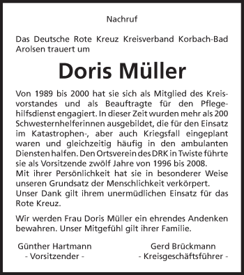 Traueranzeige von Doris Müller von Waldeckische Landeszeitung