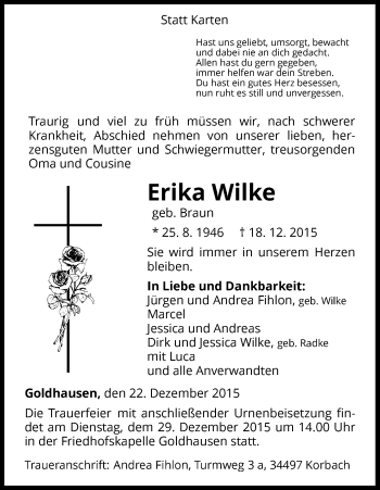 Traueranzeige von Erika Wilke von Waldeckische Landeszeitung