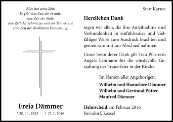 Traueranzeige von Freia Dämmer von Waldeckische Landeszeitung