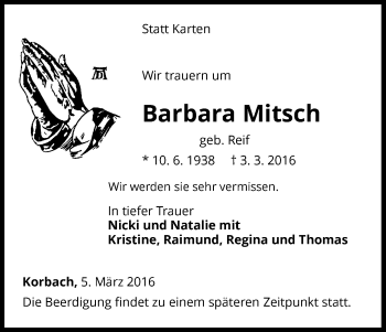 Traueranzeige von Barbara Mitsch von Waldeckische Landeszeitung