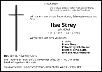 Traueranzeige von Ilse Strey von Waldeckische Landeszeitung