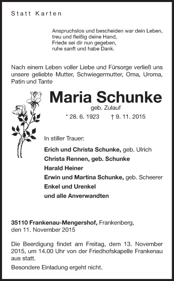 Traueranzeige von Maria Schunke von Waldeckische Landeszeitung