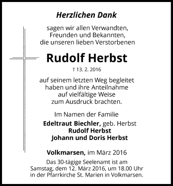 Traueranzeige von Rudolf Herbst von Waldeckische Landeszeitung