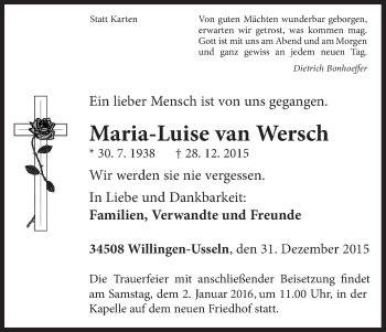 Traueranzeige von Maria-Luise van Wersch von Waldeckische Landeszeitung