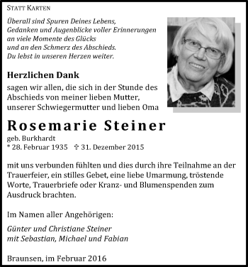 Traueranzeige von Rosemarie Steiner von Waldeckische Landeszeitung