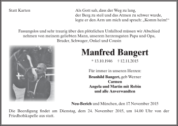 Traueranzeige von Manfred Bangert von Waldeckische Landeszeitung