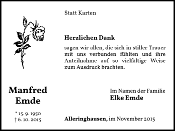 Traueranzeige von Manfred Emde von Waldeckische Landeszeitung