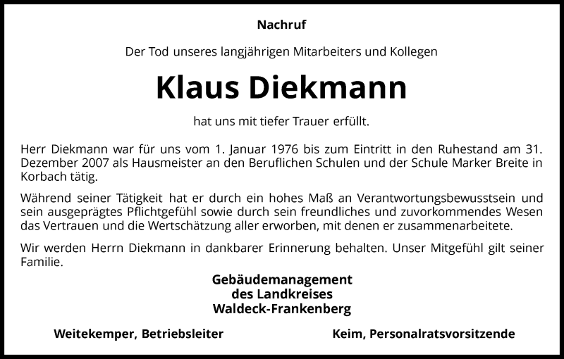  Traueranzeige für Klaus Diekmann vom 19.12.2015 aus Waldeckische Landeszeitung
