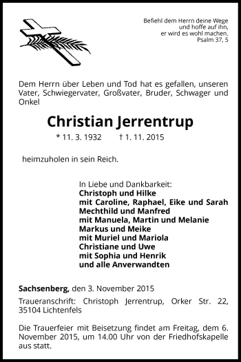 Traueranzeige von Christian Jerrentrup von Waldeckische Landeszeitung