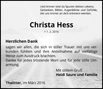 Traueranzeige von Christa Hess von Waldeckische Landeszeitung