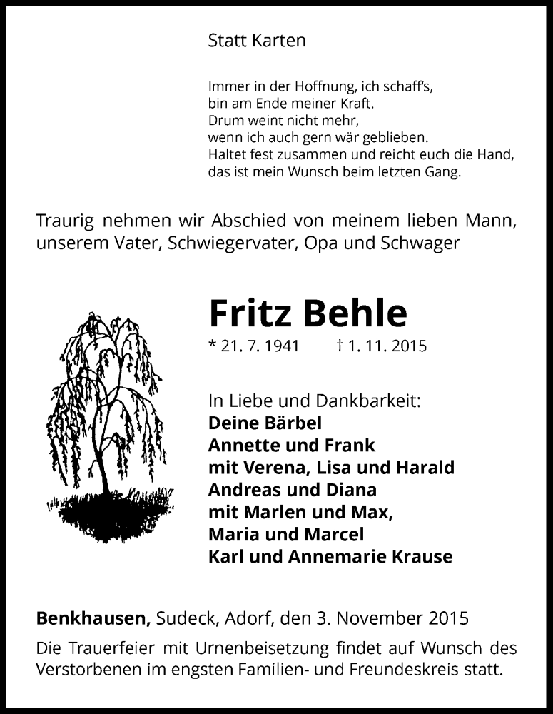  Traueranzeige für Fritz Behle vom 03.11.2015 aus Waldeckische Landeszeitung