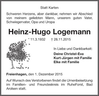 Traueranzeige von Heinz-Hugo Logemann von Waldeckische Landeszeitung