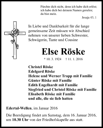 Traueranzeige von Else Röske von Waldeckische Landeszeitung