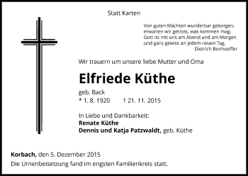 Traueranzeige von Elfriede Küthe von Waldeckische Landeszeitung