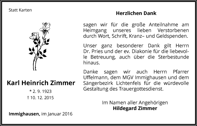  Traueranzeige für Karl Heinrich Zimmer vom 16.01.2016 aus Waldeckische Landeszeitung