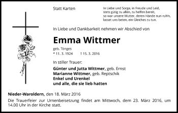 Traueranzeige von Emma Wittmer von Waldeckische Landeszeitung