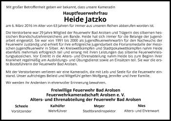 Traueranzeige von Heide Jatzko von Waldeckische Landeszeitung