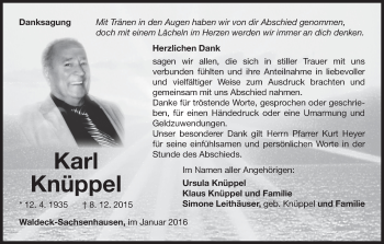 Traueranzeige von Karl Knüppel von Waldeckische Landeszeitung