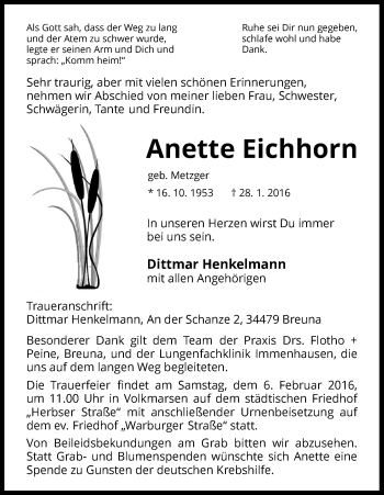 Traueranzeige von Anette Eichhorn von Waldeckische Landeszeitung