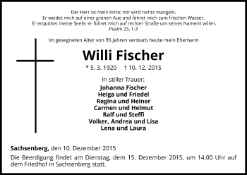 Traueranzeige von Willi Fischer von Waldeckische Landeszeitung