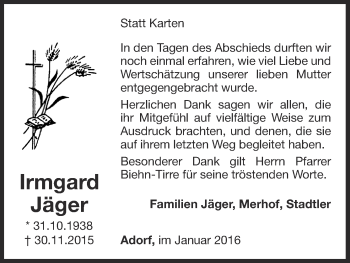 Traueranzeige von Irmgard Jäger von Waldeckische Landeszeitung