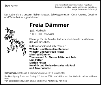 Traueranzeige von Freia Dämmer von Waldeckische Landeszeitung