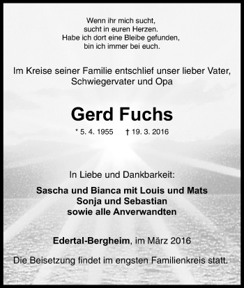 Traueranzeige von Gerd Fuchs von Waldeckische Landeszeitung