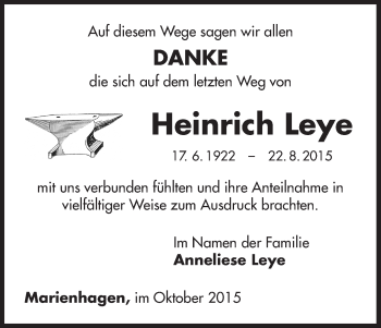 Traueranzeige von Heinrich Leye von Waldeckische Landeszeitung