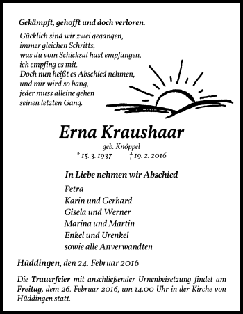 Traueranzeige von Erna Kraushaar von Waldeckische Landeszeitung