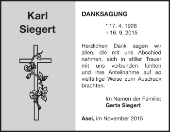 Traueranzeige von Karl Siegert von Waldeckische Landeszeitung