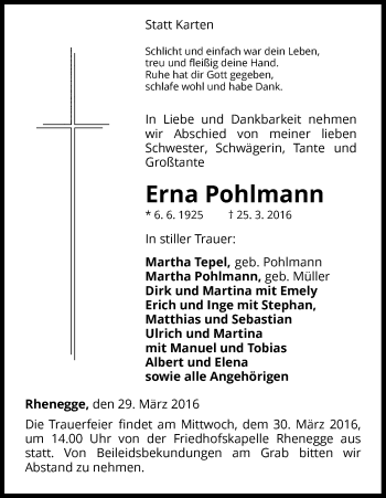 Traueranzeige von Erna Pohlmann von Waldeckische Landeszeitung