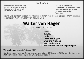 Traueranzeige von Walter von Hagen von Waldeckische Landeszeitung