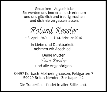 Traueranzeige von Roland Kessler von Waldeckische Landeszeitung